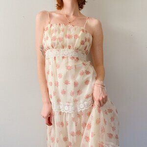 Vintage 1970's Cottage Core Cream Floral Lace Tiered Maxi Dress